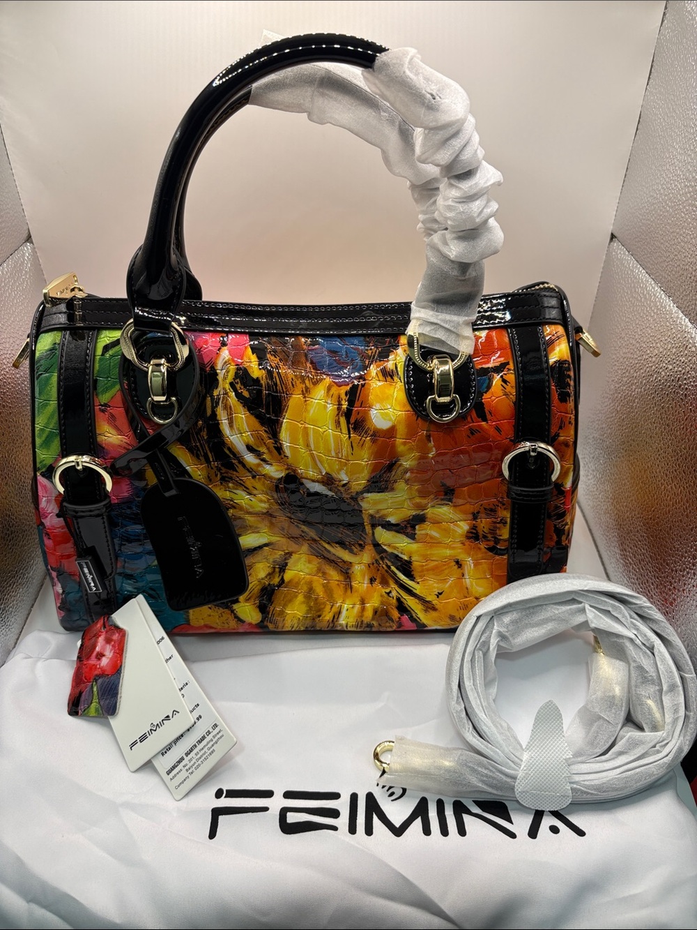 Multicolor Floral Patent Satchel with Black Trim